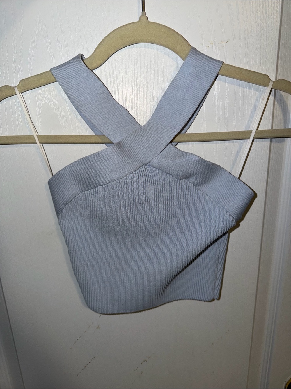 Babaton Light Blue Ribbed Cross-Back Crop Top - Size xs